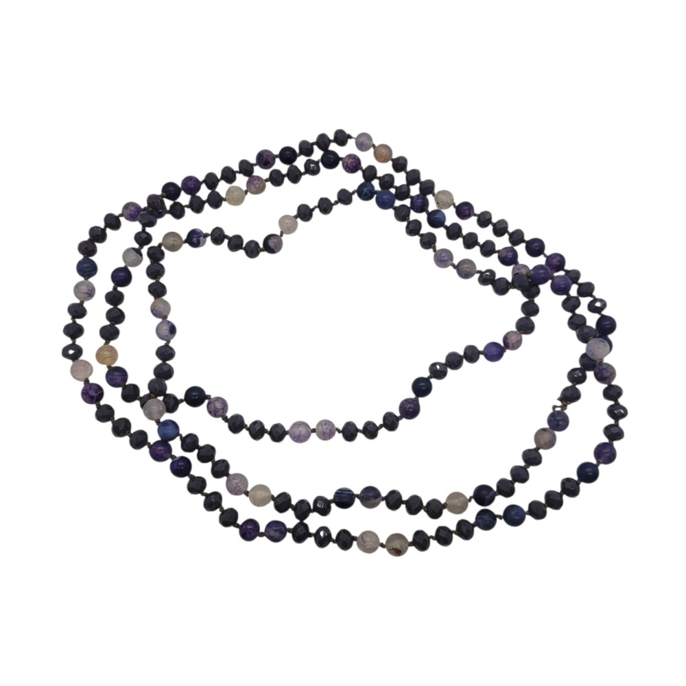 Long Hand Knotted Purple Agate Bead Endless Necklace Faceted Mixed Stone 60 Inch